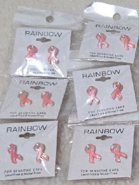 Rainbow Pink Ribbon Earrings and Keychain Set